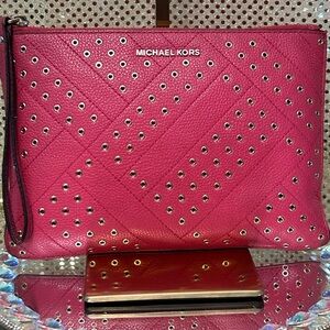 Michael Kors Pink Leather Eyelet Wristlet Clutch